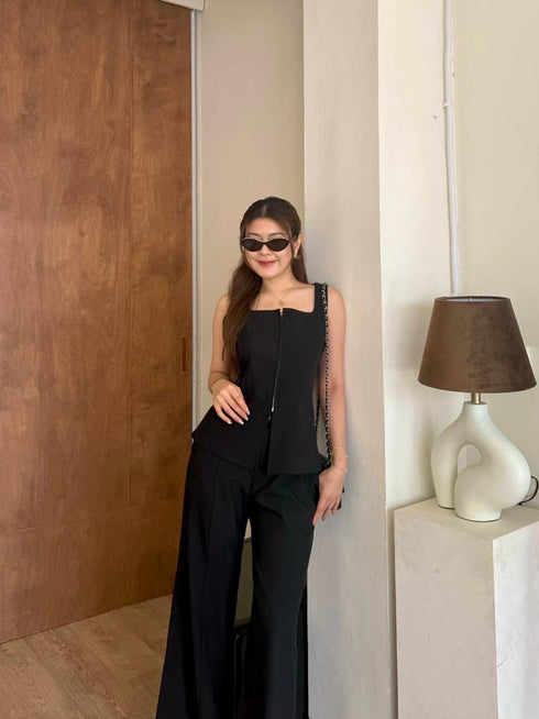 Women Classy Zipper Square Blouse With Trousers Sets